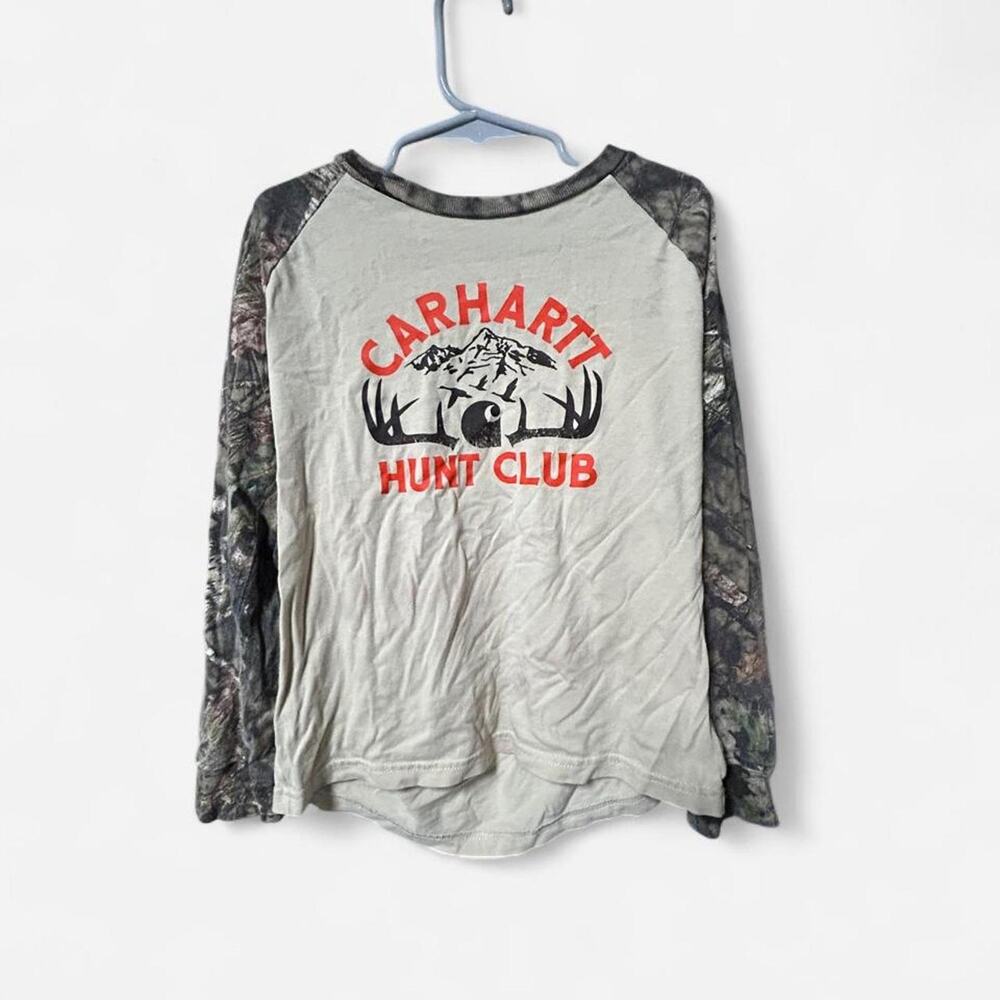 Kids size 6 Carhartt Hunt Club baseball tee w camo sleeves
